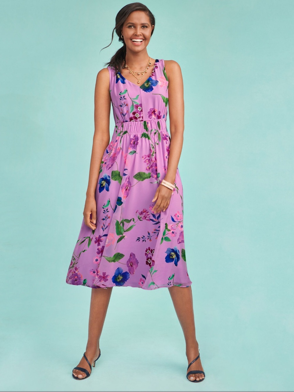 Talbots Women Georgette Botanical Fit & Flare Dress 12 Lavender Flowy Feminine